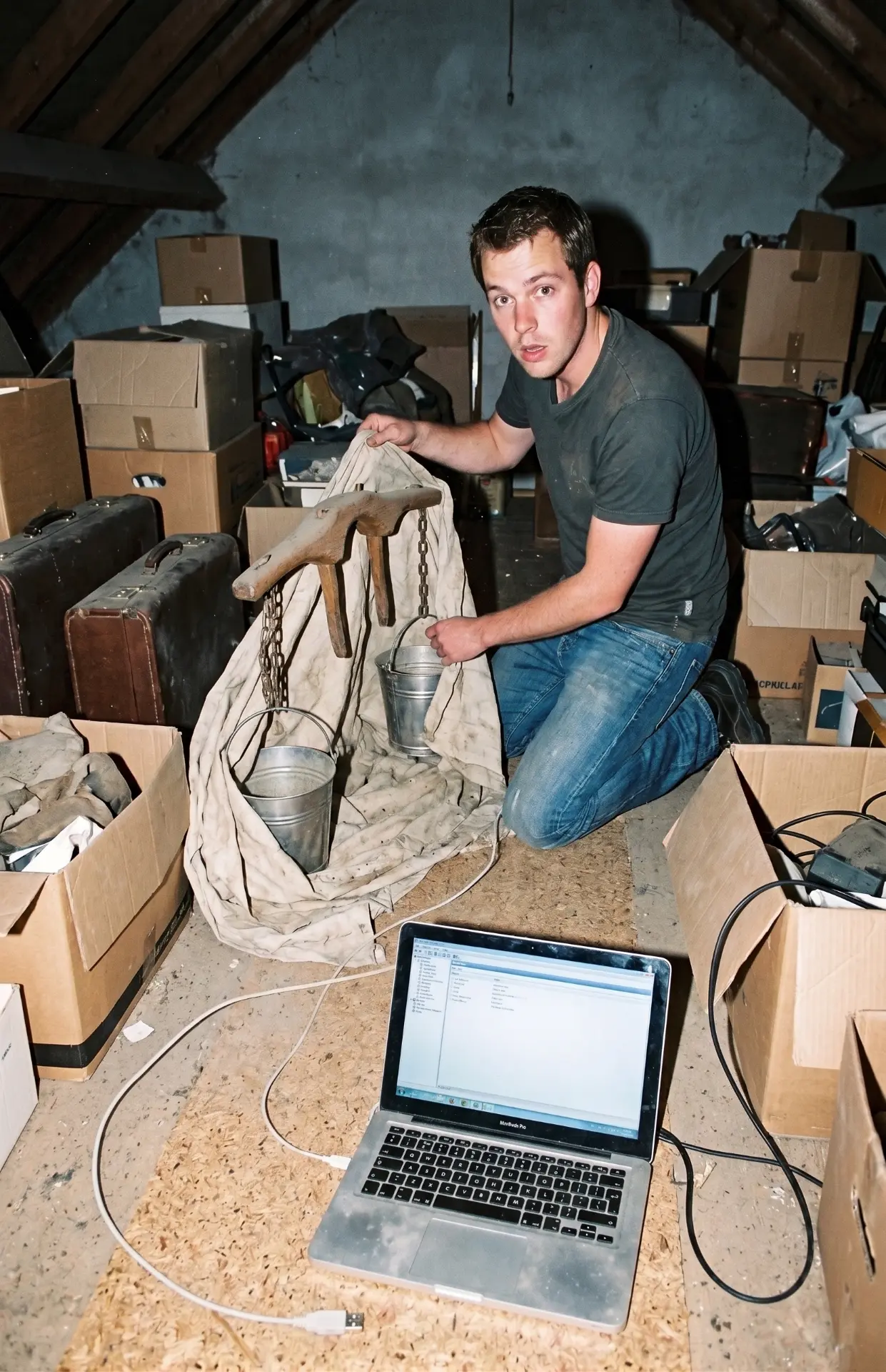 Man op een zolder met het oude melkjuk en een laptop, 2013
