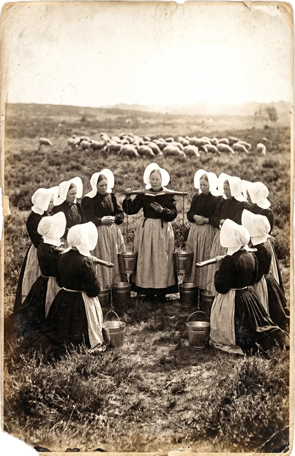 Melkmeisjes in een kring in de heide met jukken en emmers, ca. 1890