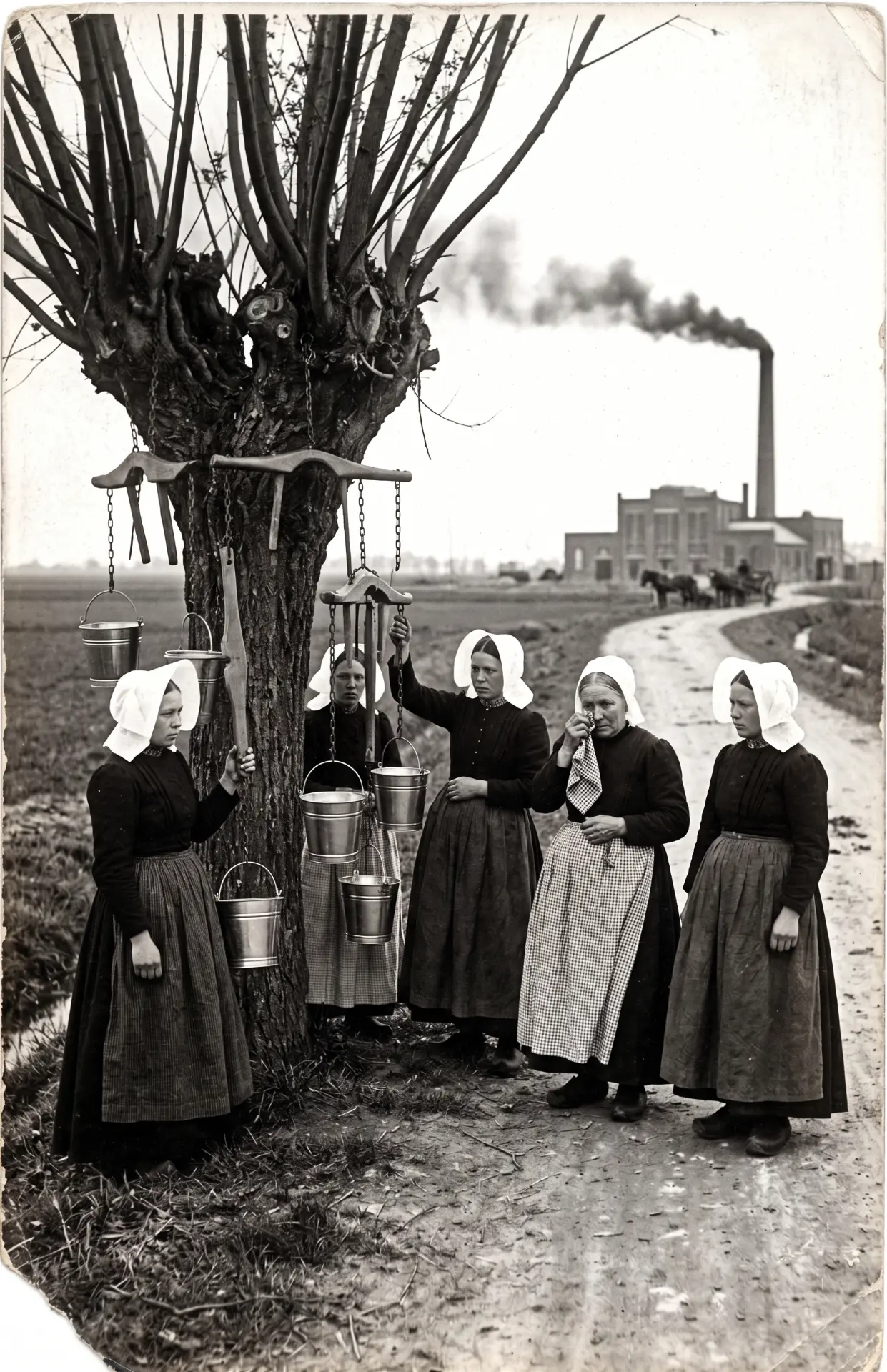 Melkmeisjes met jukken bij een boom, met op de achtergrond de nieuwe melkfabriek, 1923