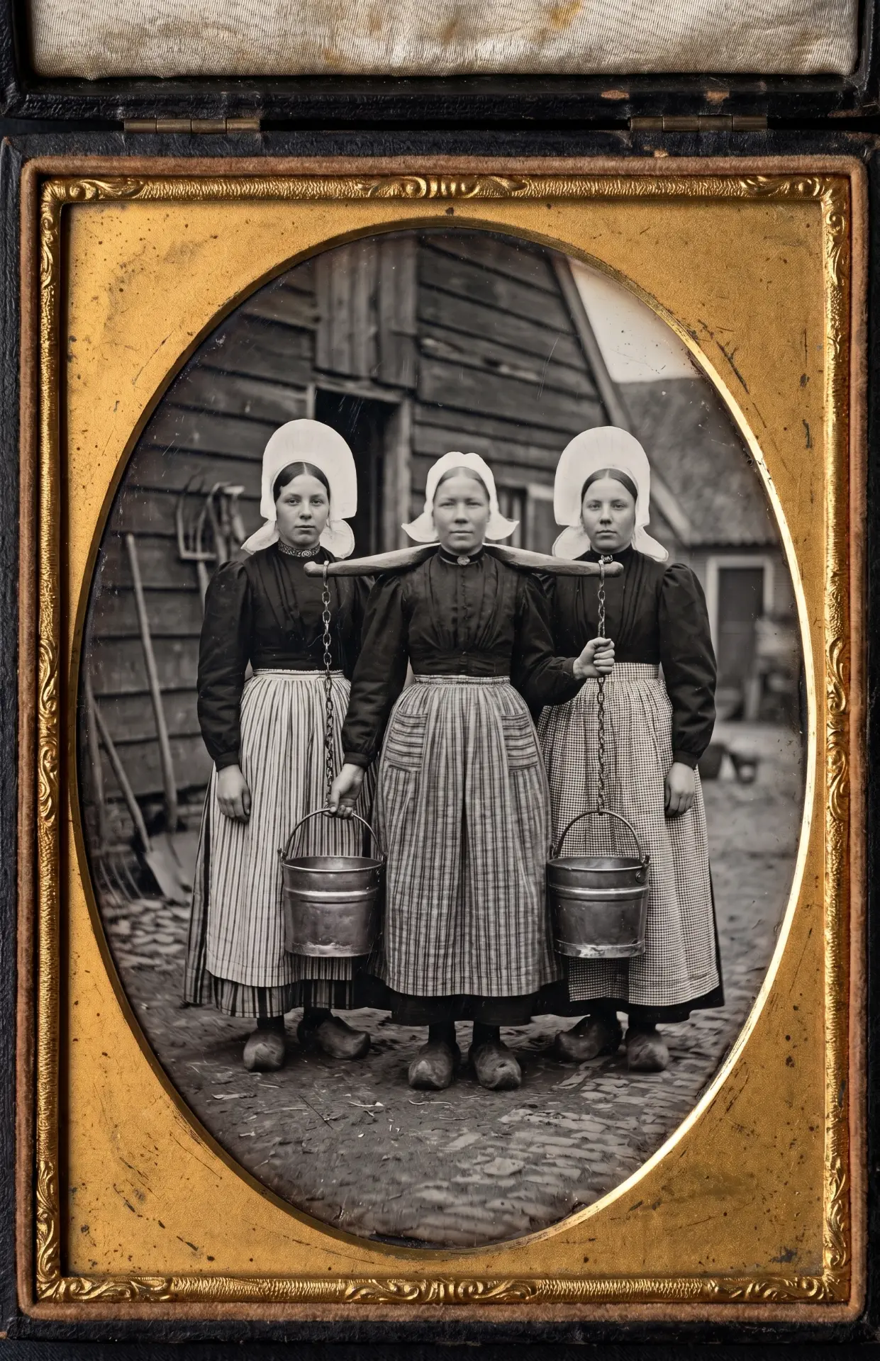 Drie Huizer melkmeisjes met juk en melkemmers, ca. 1860